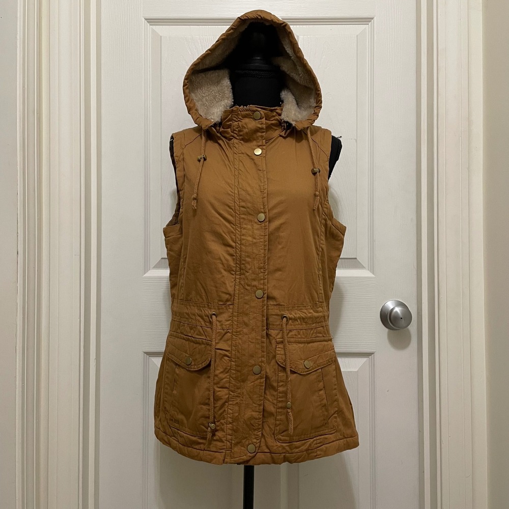 YMI Collection Hooded Vest Brown Faux Fur‎ Lined Full Zip Drawstring Fits M - L